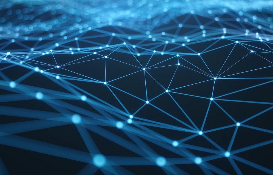 Internet connection technology concept. Cloud computing, neural communications of a supercomputer. Background from triangles connecting dots and lines. Cybersecurity concept, 3D Illustration