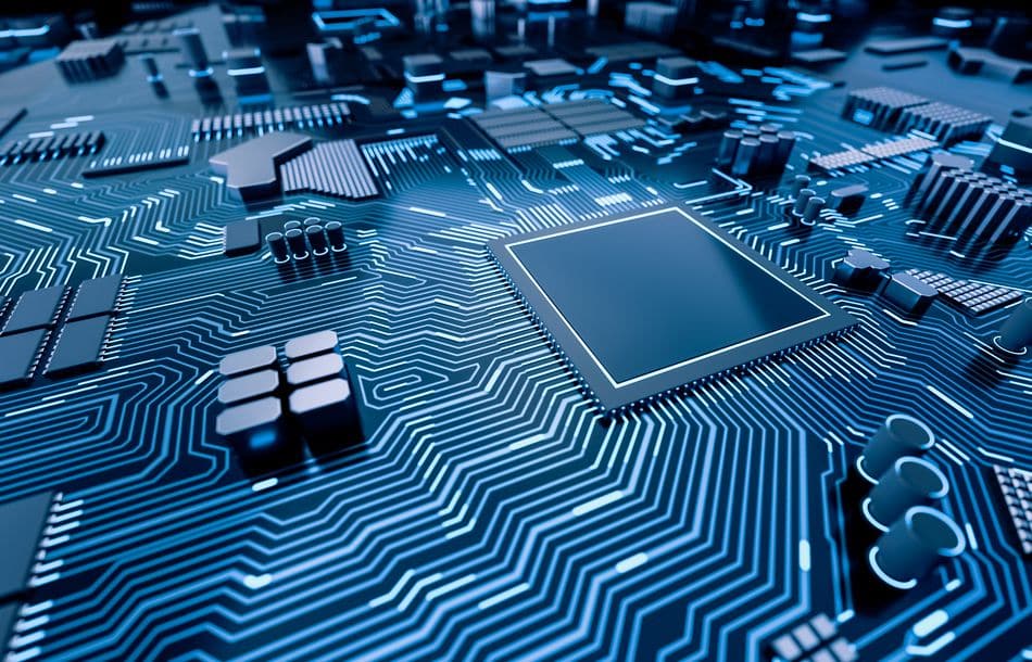CPU chip on Motherboard – abstract 3D render of a processor comp
