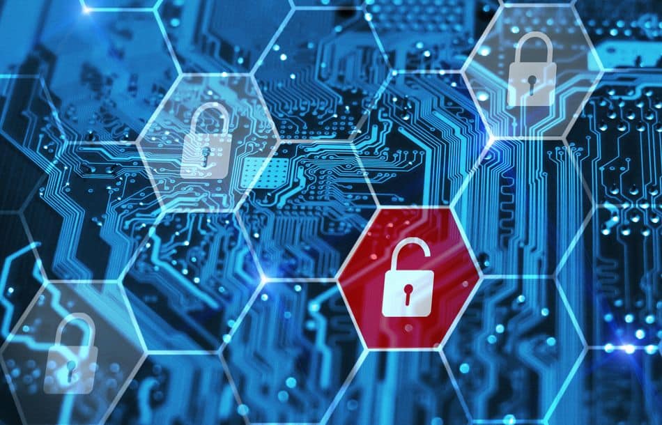 Internet piracy and cybersecurity concept. Integrated circuit and virtual digital padlocks.